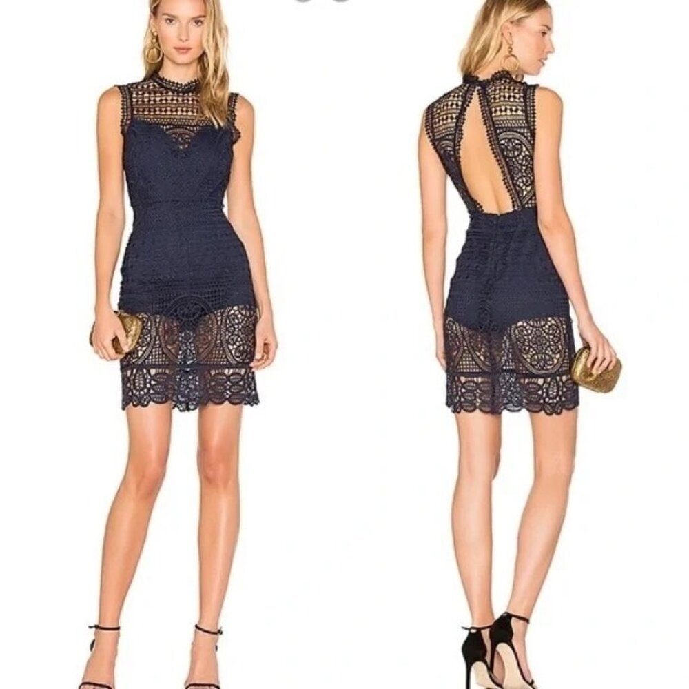 Lovers + Friends Lace Blush Dress S Navy Open Back Sheer